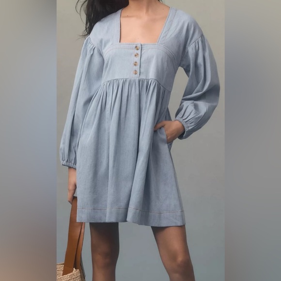 Anthropologie Long Sleeve Square Neck Denim Mini Babydoll Dress Blue Size Small - Picture 3 of 9